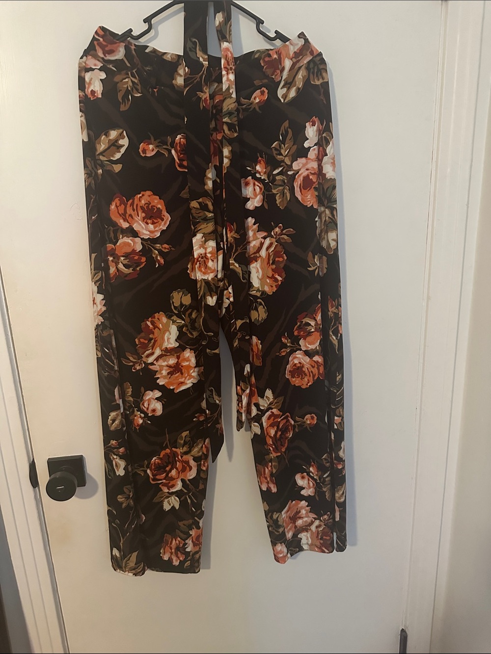 Joan Vass Black Wide-Leg Pants with Rust Rose Floral Print